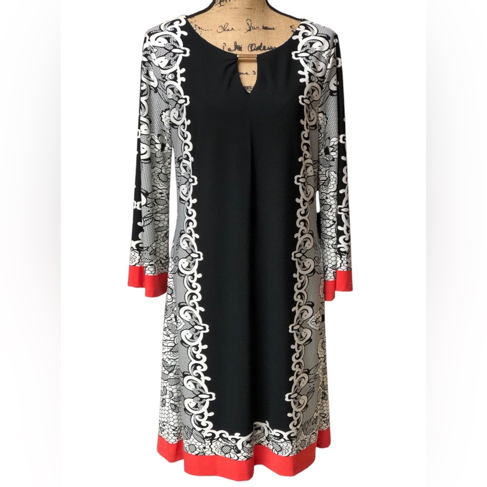 HAANI Elegant Black and White Shift Dress with Red Accents